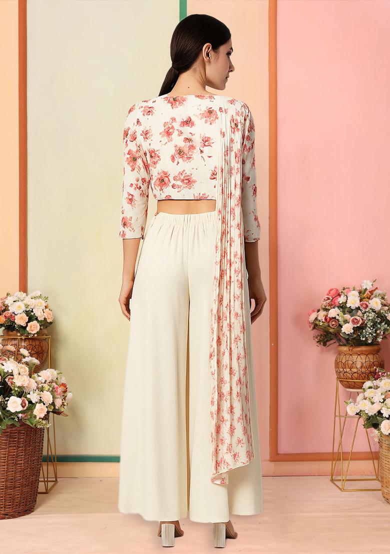 White Satin Floral Printed Fusion Set - Indya