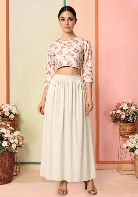 White Satin Floral Printed Fusion Set