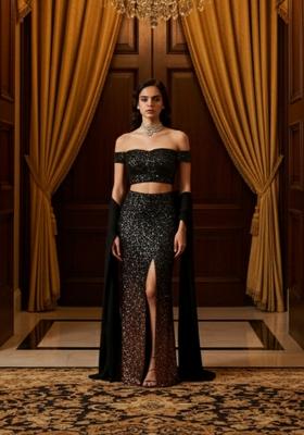 Brown Sequins Embroidery Net Skirt Set