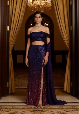 Blue Sequins Embroidery Net Skirt Set