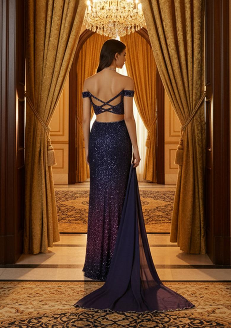 Blue Sequins Embroidery Net Skirt Set - Indya