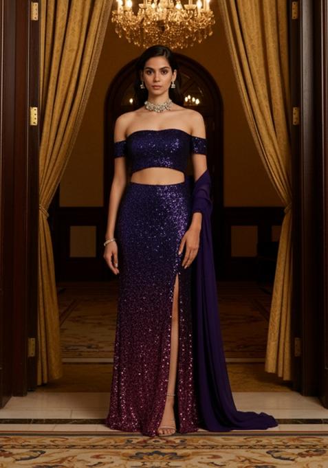 Blue Sequins Embroidery Net Skirt Set