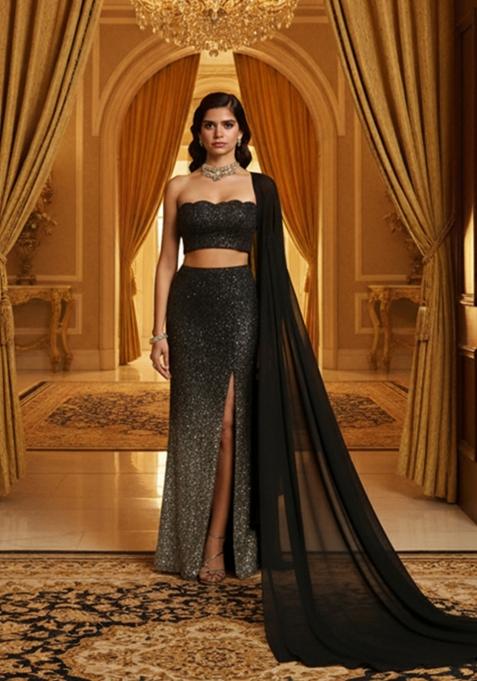 Black Sequins Embroidery Net Skirt Set