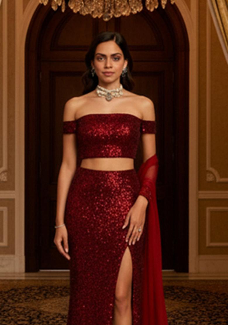 Red Sequins Embroidery Net Skirt Set - Indya