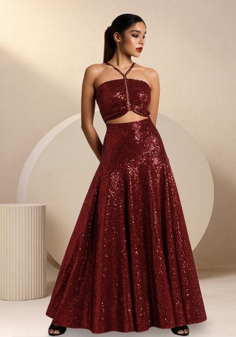 Maroon Sequins Embroidery Net Skirt Set