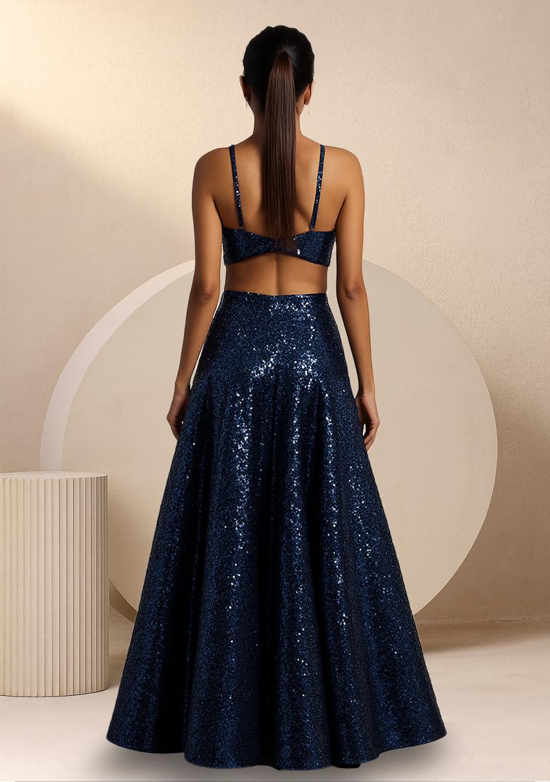 Blue Sequins Embroidery Net Skirt Set - Indya