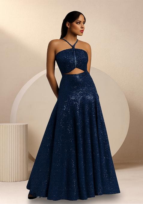Blue Sequins Embroidery Net Skirt Set