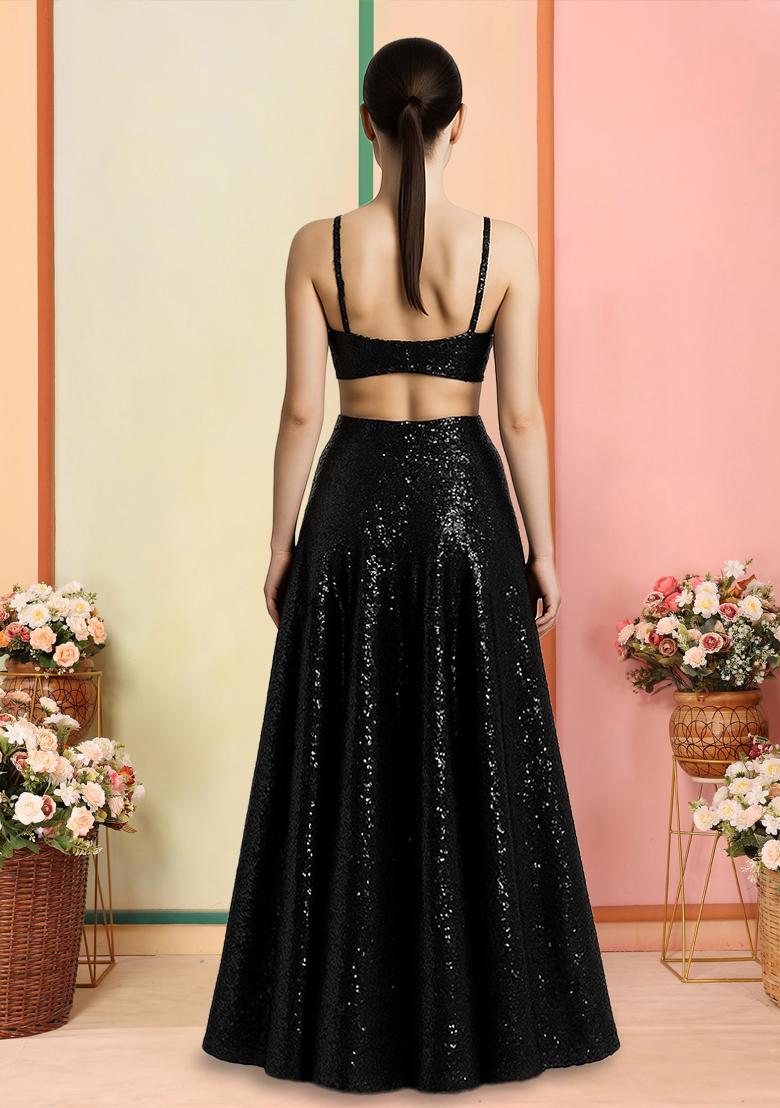 Black Sequins Embroidery Net Skirt Set - Indya