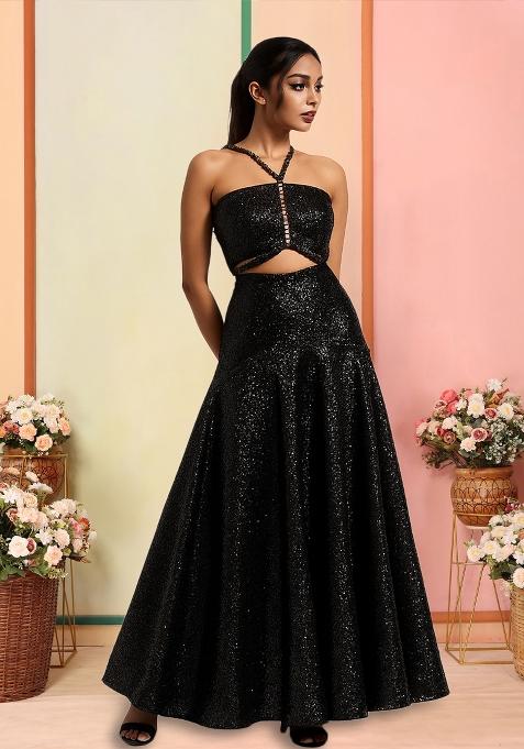 Black Sequins Embroidery Net Skirt Set
