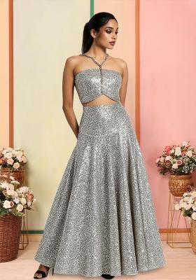 Silver Sequins Embroidery Net Skirt Set