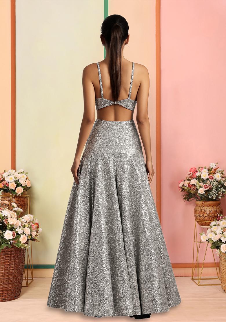 Silver Sequins Embroidery Net Skirt Set - Indya