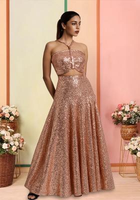 Lt Peach Sequins Embroidery Net Skirt Set