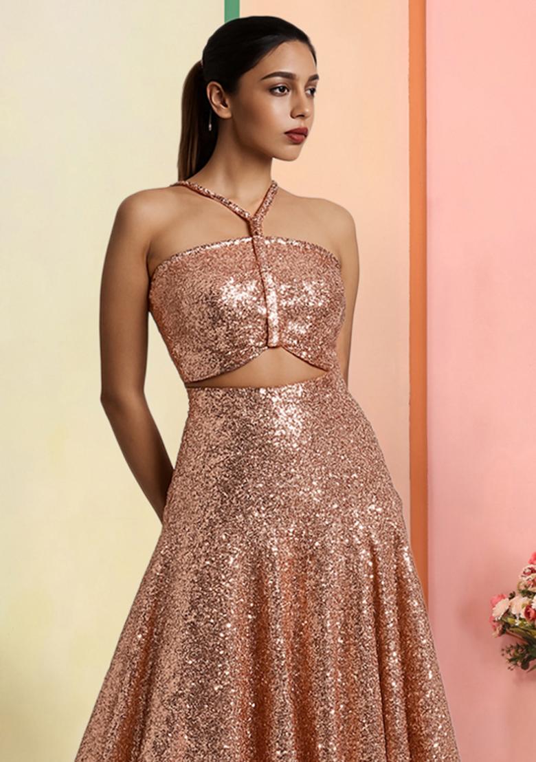 Lt Peach Sequins Embroidery Net Skirt Set - Indya