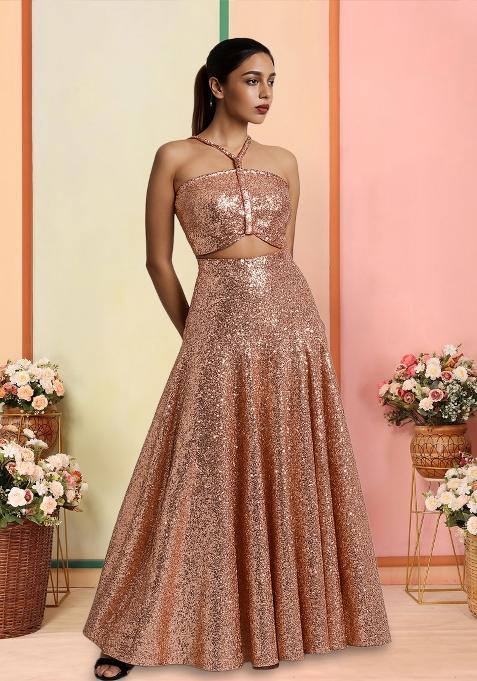 Lt Peach Sequins Embroidery Net Skirt Set