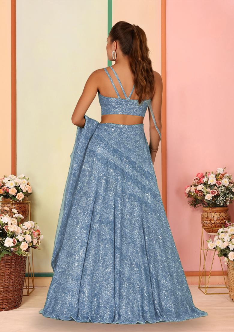 Blue Sequins Embroidery Net Lehenga Set - Indya
