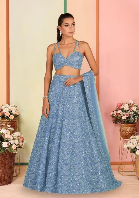 Dark Blue Sequins Embroidery Net Lehenga Set