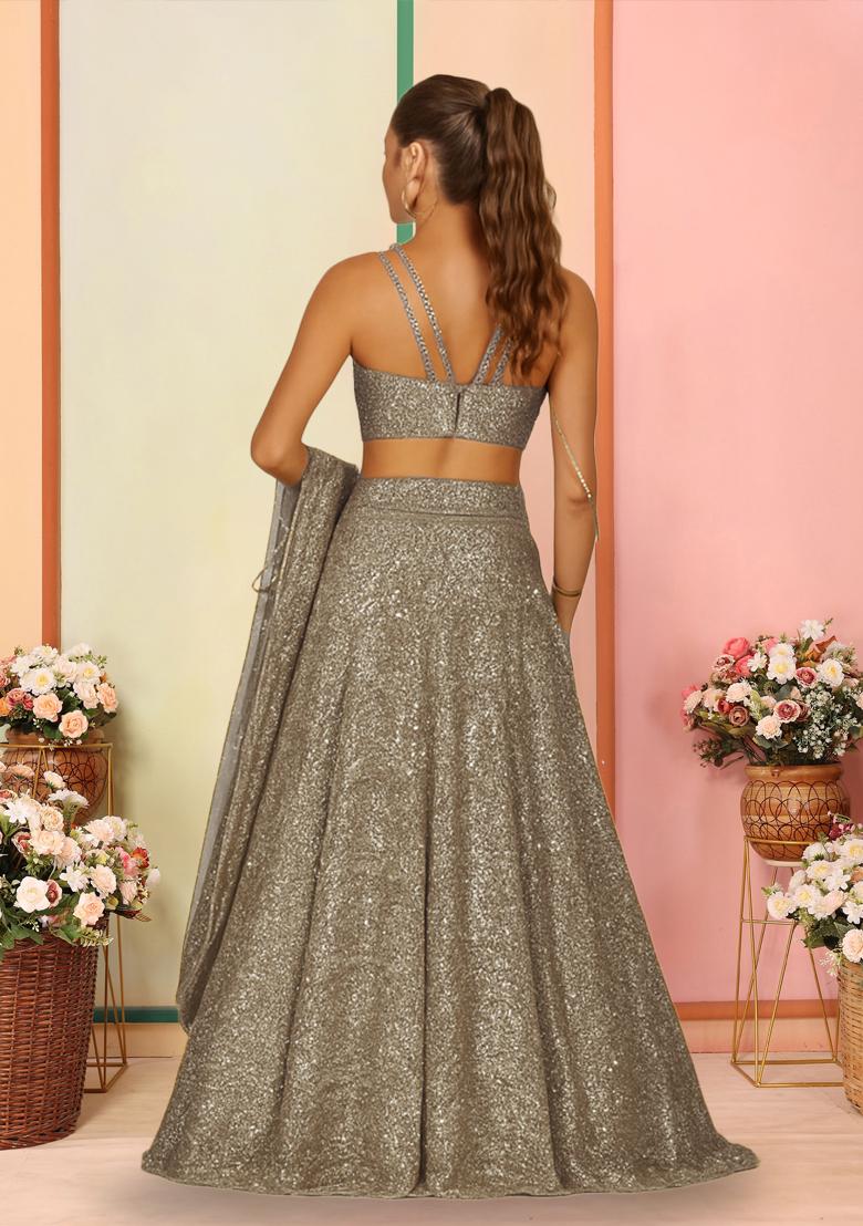 Silver Sequins Embroidery Net Lehenga Set - Indya