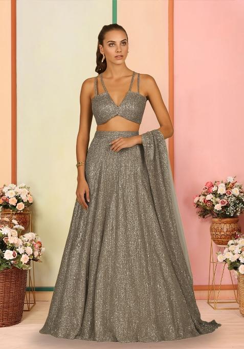 Grey Sequins Embroidery Net Lehenga Set