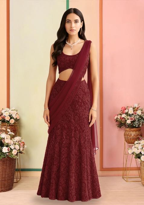 Red Sequins Embroidery Net Lehenga Set