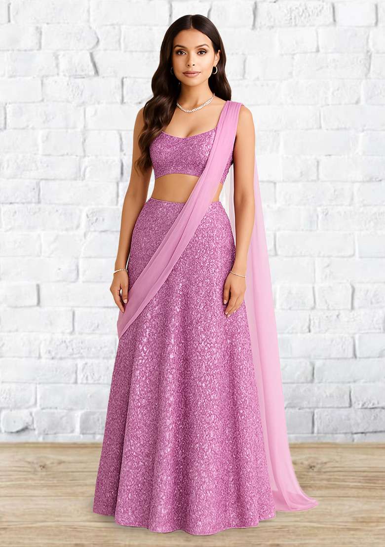 Lavender Sequins Embroidery Net Lehenga Set for Diwali and Festive Wear - Indya