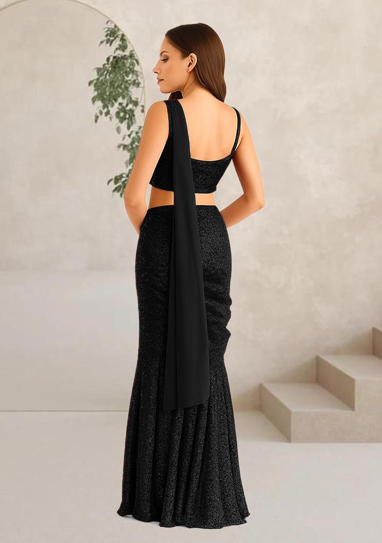 Black Sequins Embroidery Net Lehenga Set - Indya