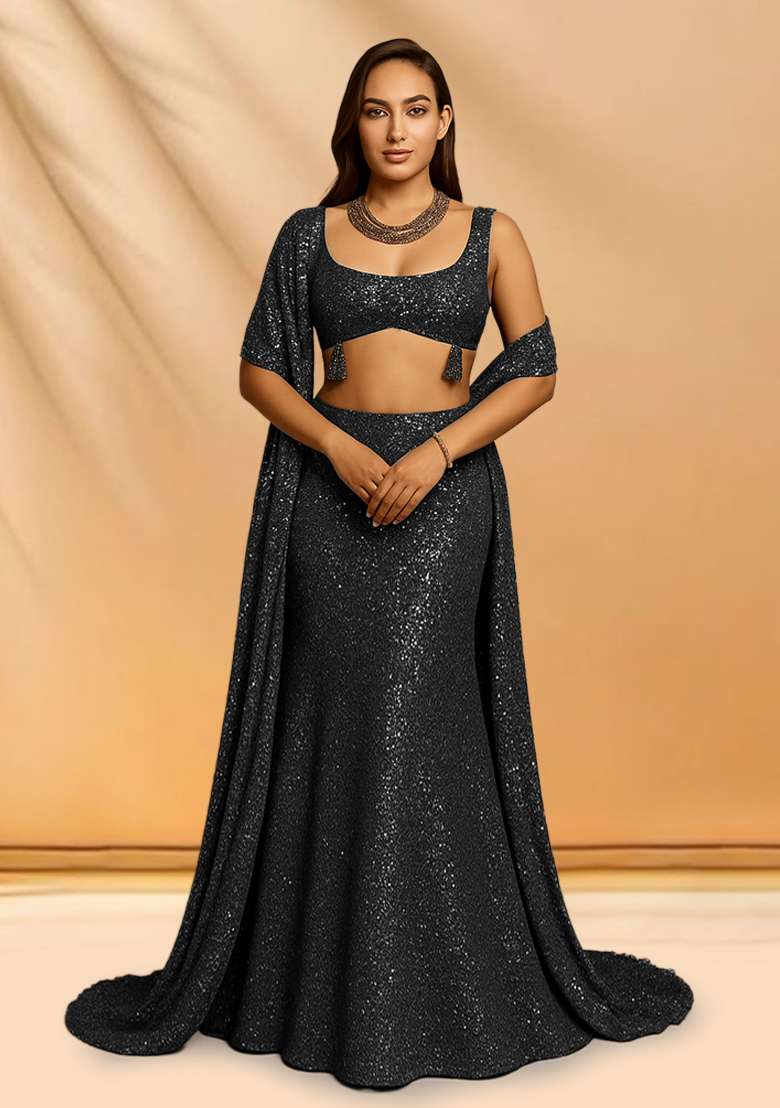 Dark Grey Sequins Embroidery Net Lehenga Set - Indya