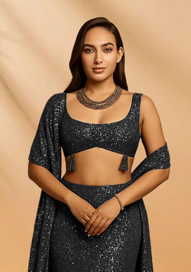 Dark Grey Sequins Embroidery Net Lehenga Set - Indya