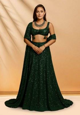 Dark Green Sequins Embroidery Net Lehenga Set
