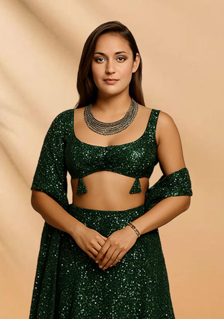 Dark Green Sequins Embroidery Net Lehenga Set - Indya