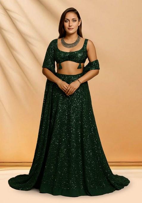 Dark Green Sequins Embroidery Net Lehenga Set