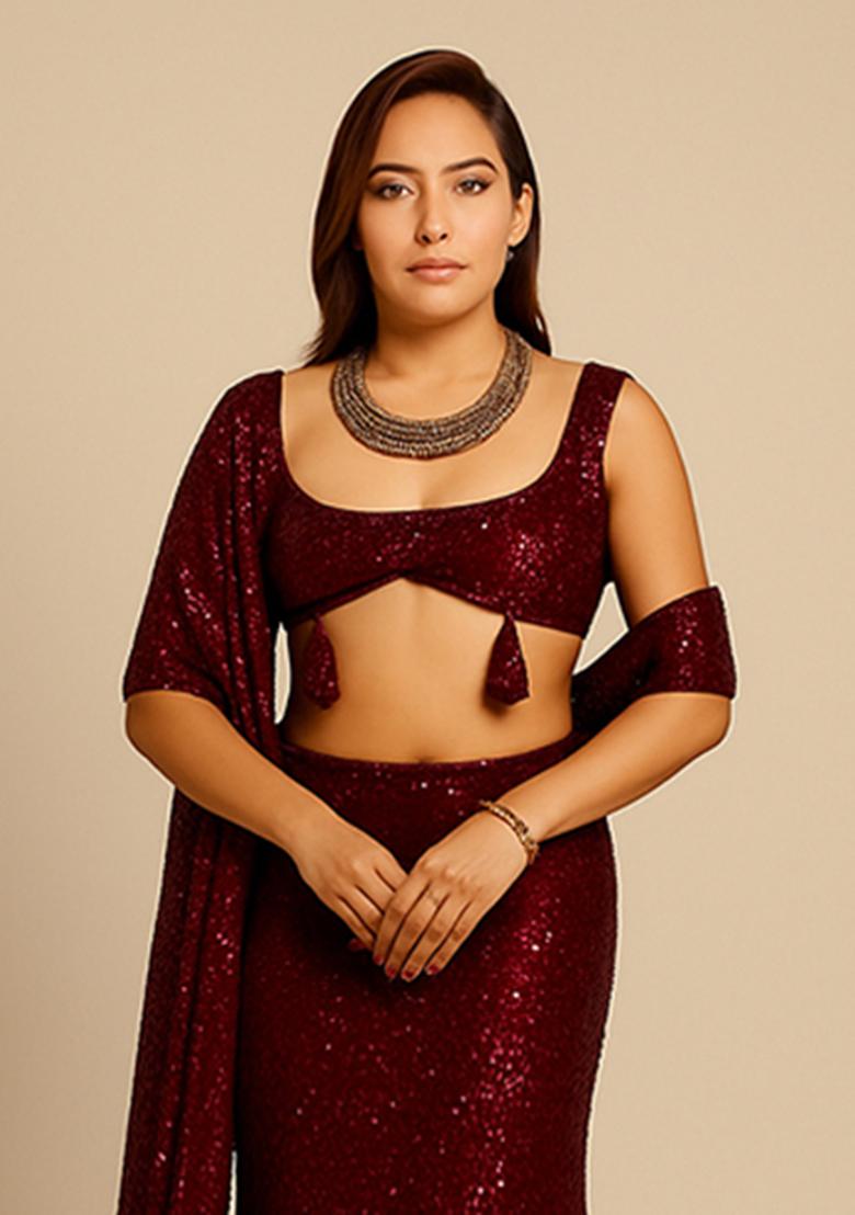 Maroon Sequins Embroidery Net Lehenga Set - Indya