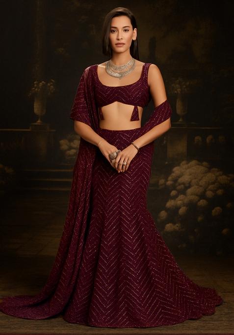 Red Sequins Embroidery Net Lehenga Set