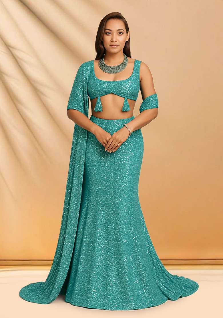 Blue Sequins Embroidery Net Lehenga Set - Indya