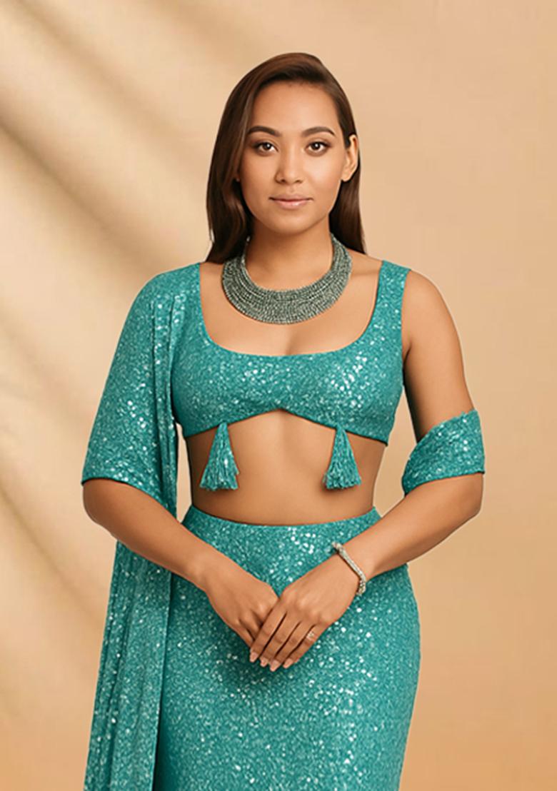 Blue Sequins Embroidery Net Lehenga Set - Indya