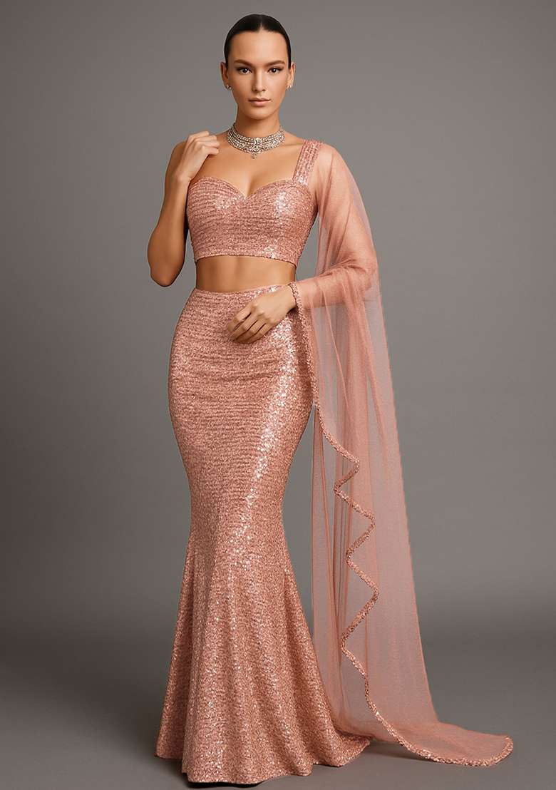 Pink Sequin Net Fusion Set - Indya
