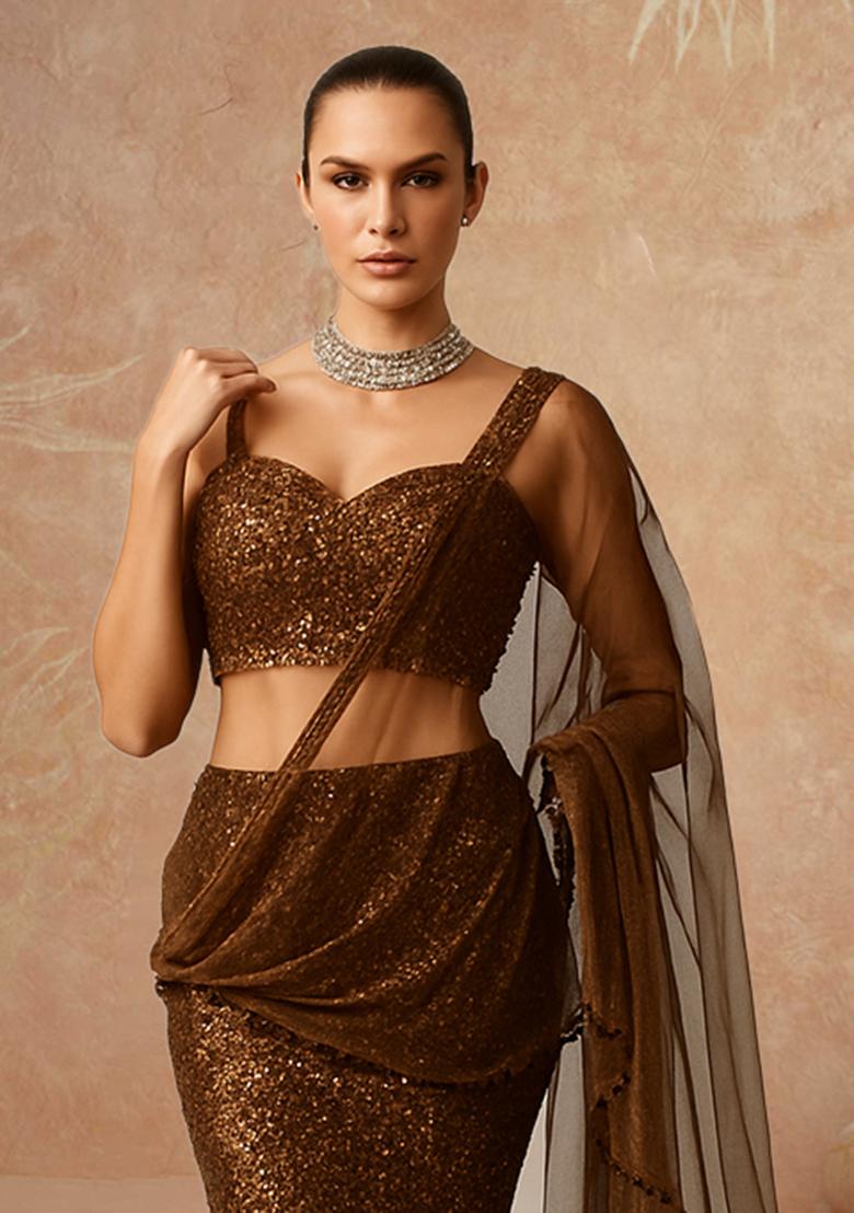 Brown Sequin Net Fusion Set - Indya
