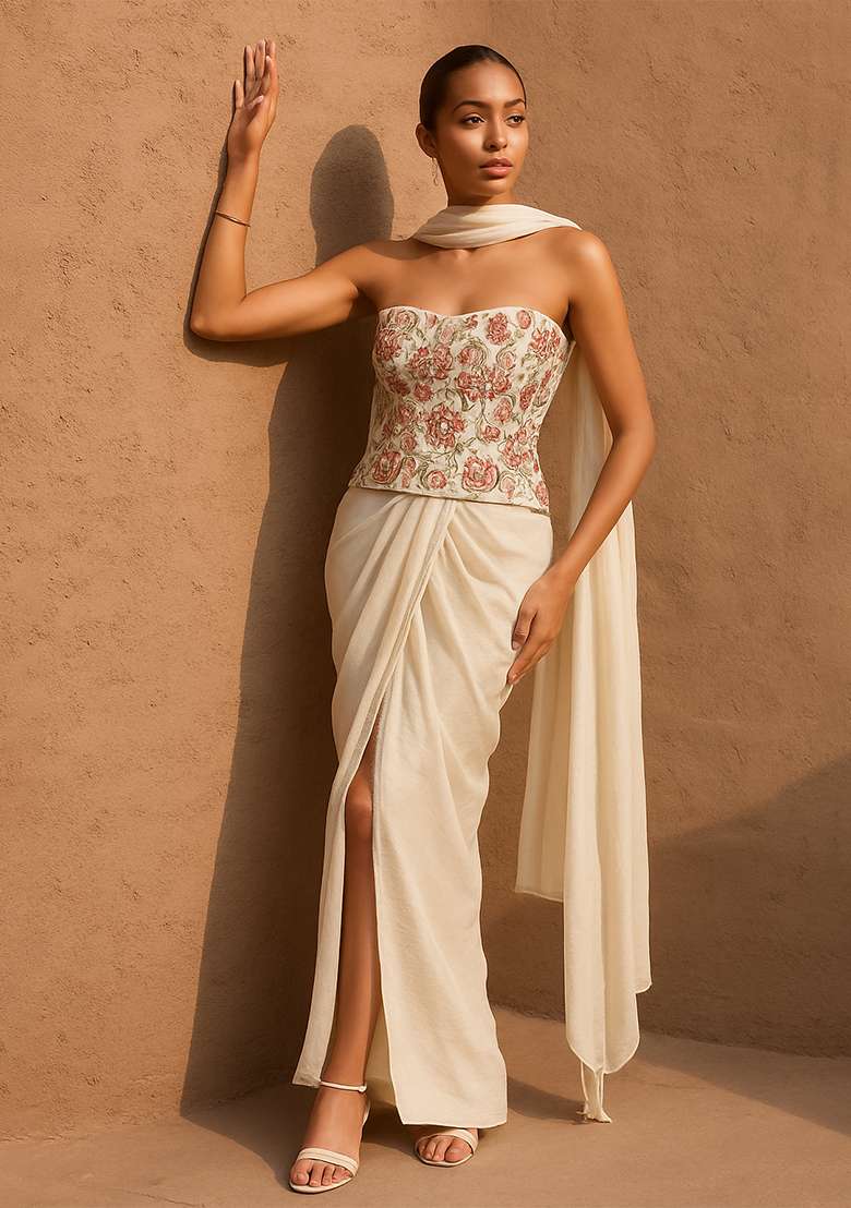 Multicolour Crepe Fusion Set with Embroidered & Corset Blouse for Diwali | Wedding & Festive Wear - Indya
