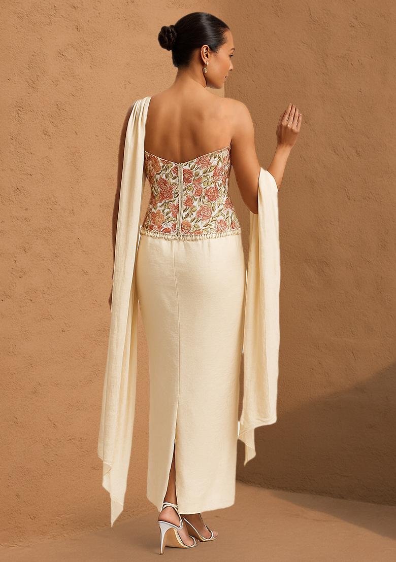 Multicolour Embroidered Crepe Fusion Set - Indya