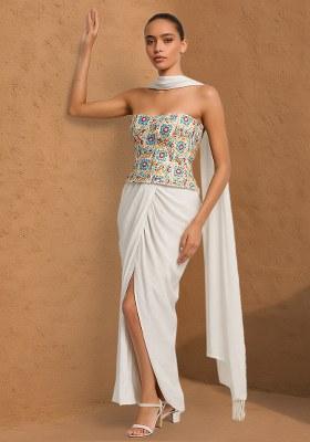 Multicolour Embroidered Crepe Fusion Set