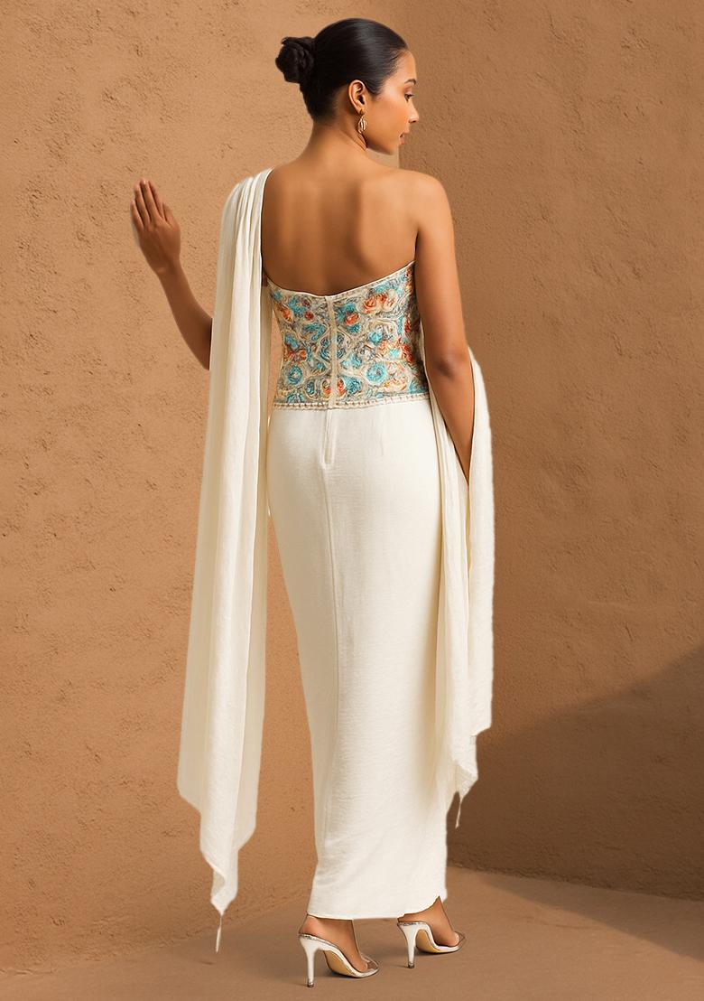 Multicolour Embroidered Crepe Fusion Set - Indya