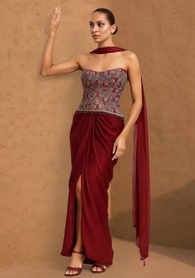 Multicolour Embroidered Crepe Fusion Set