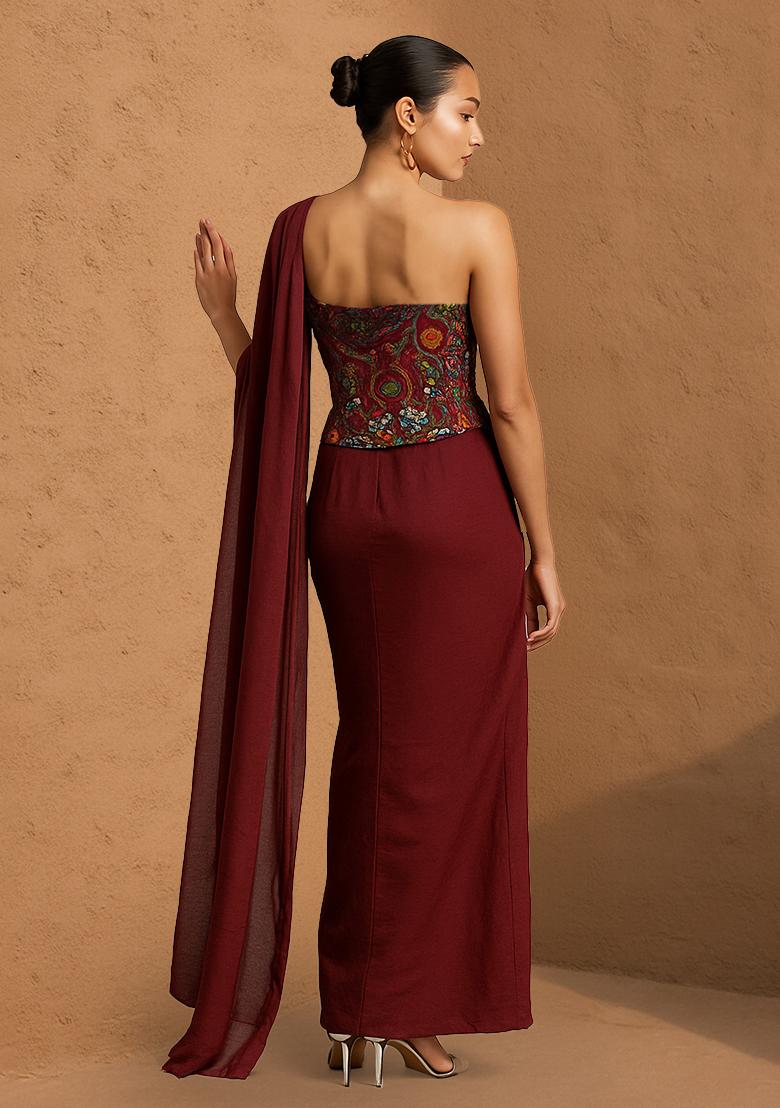 Multicolour Embroidered Crepe Fusion Set - Indya