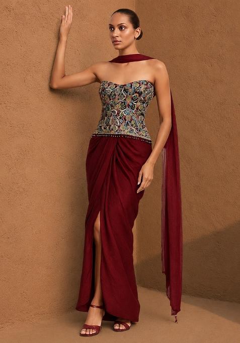 Multicolour Embroidered Crepe Fusion Set