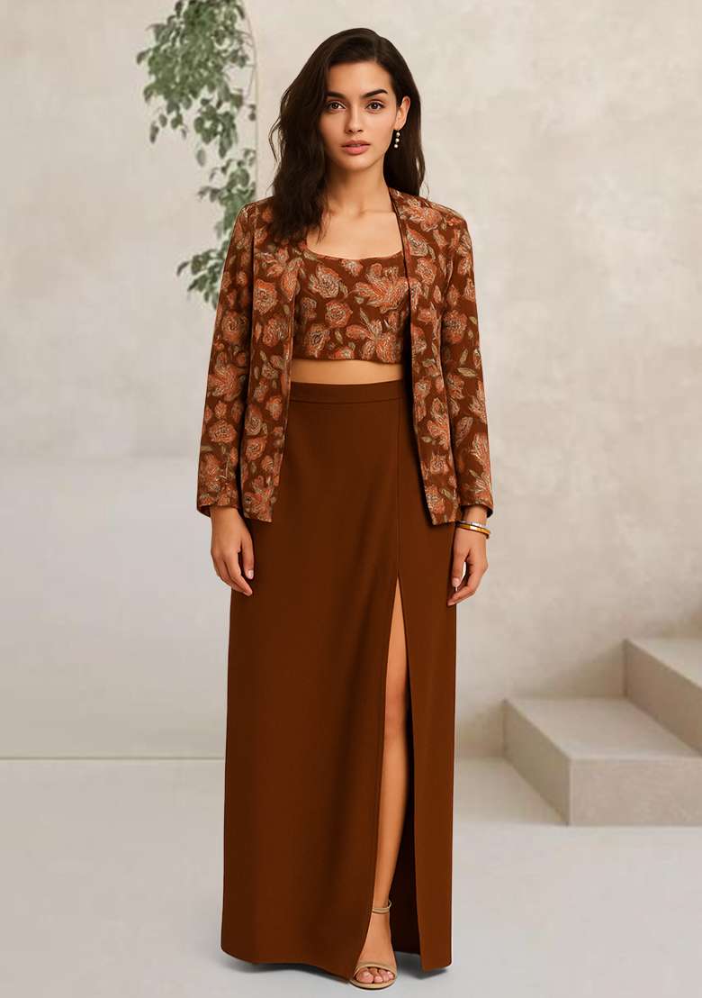 Mustard Embroidered Crepe Fusion Set - Indya