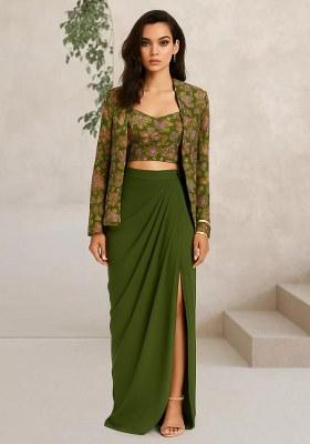 Green Embroidered Crepe Fusion Set