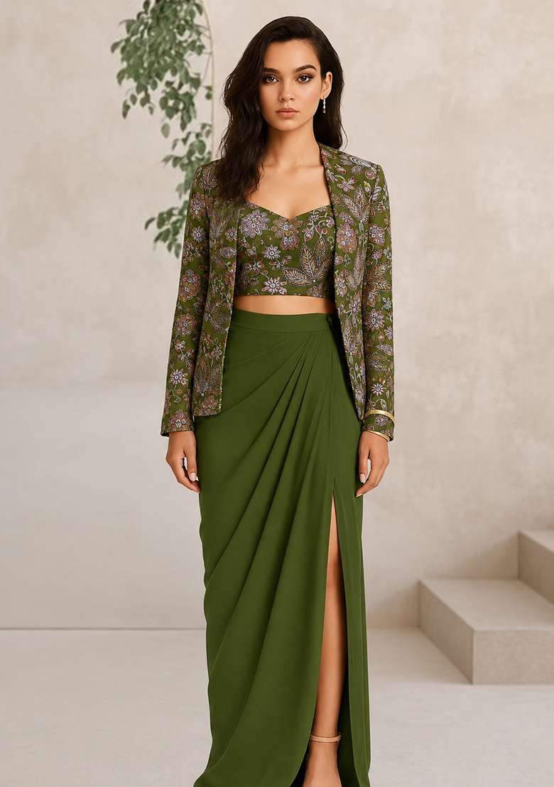 Green Embroidered Crepe Fusion Set - Indya