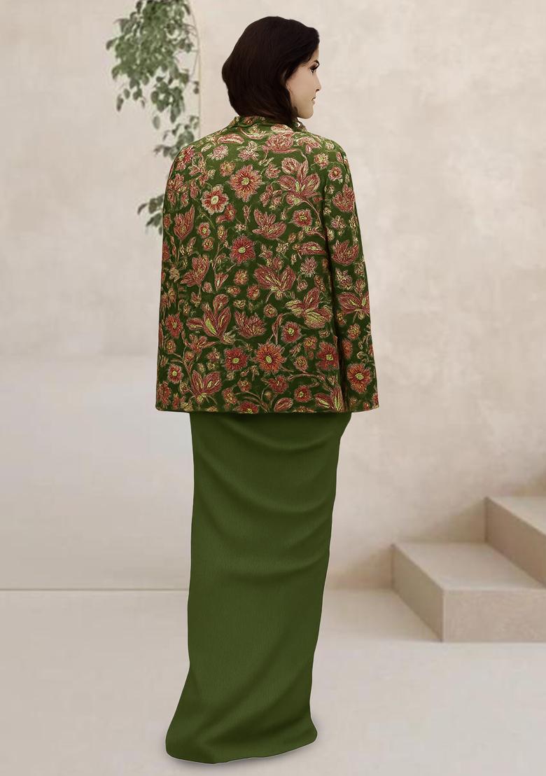 Green Embroidered Crepe Fusion Set - Indya