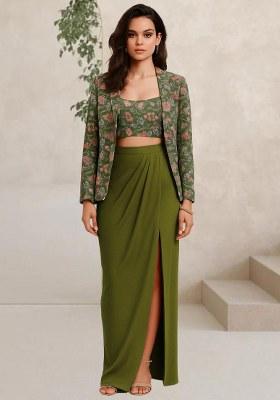 Green Floral Print Crepe Fusion Set