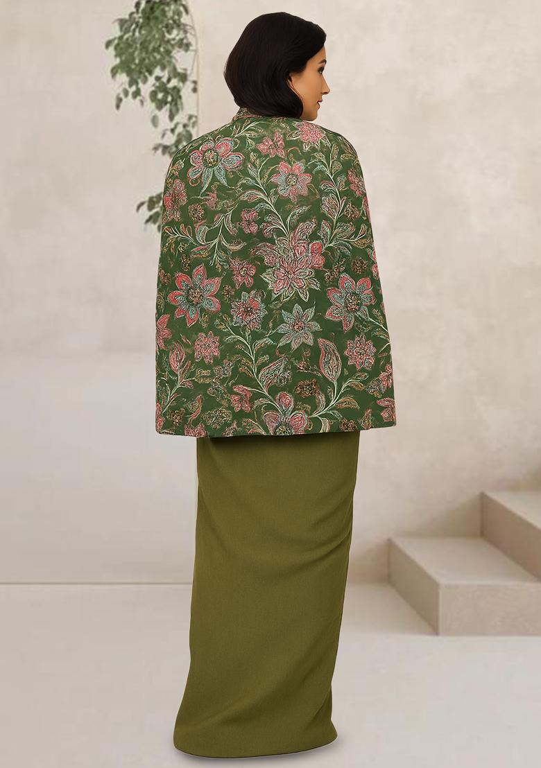 Green Floral Print Crepe Fusion Set - Indya