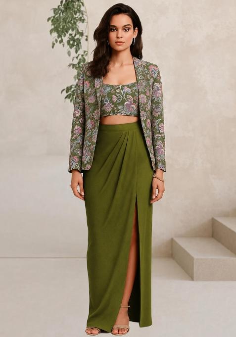 Green Floral Print Crepe Fusion Set